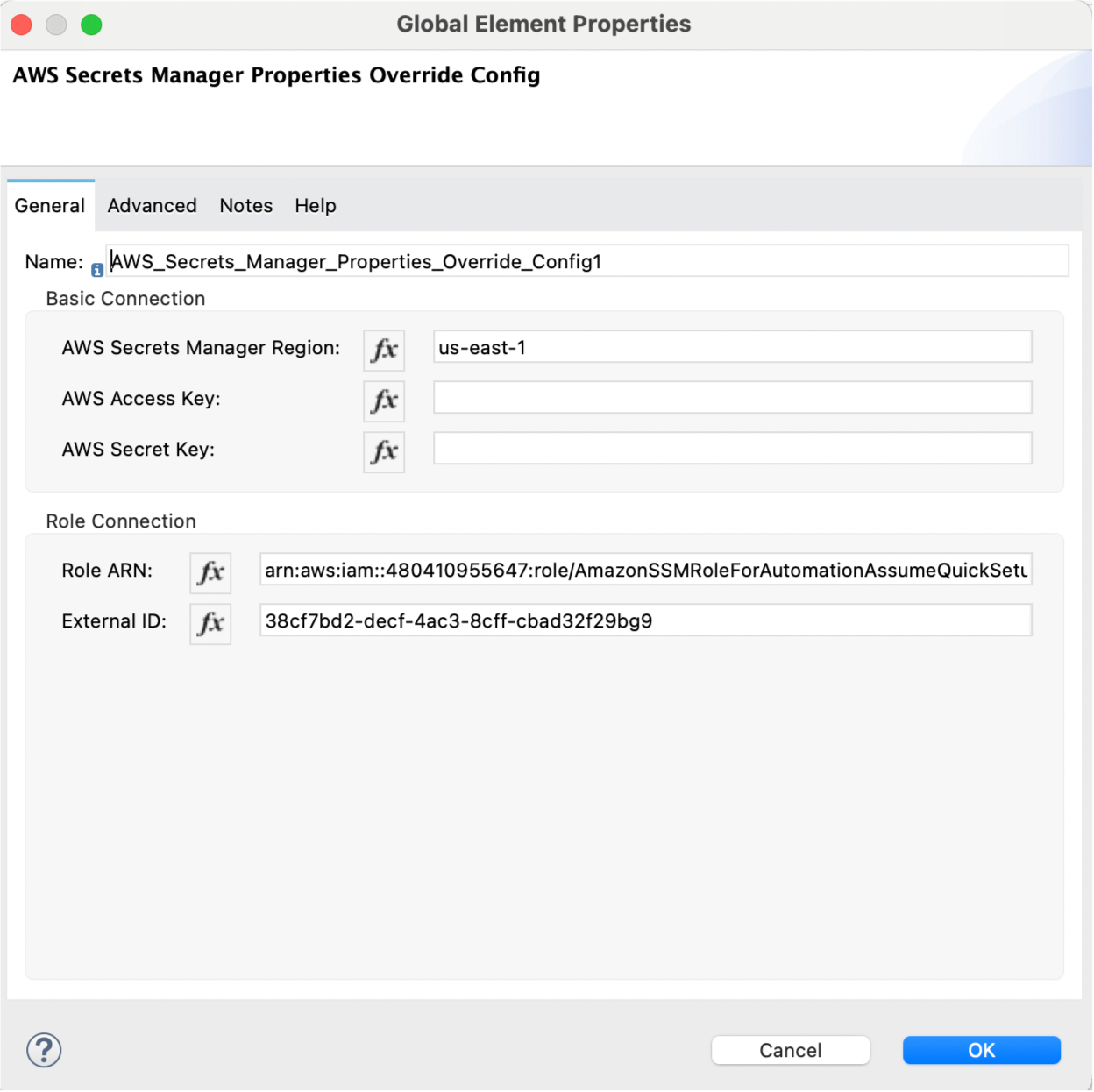 Example of Amazon Secrets Manager Properties Provider in Global Element Properties window of Anypoint Studio