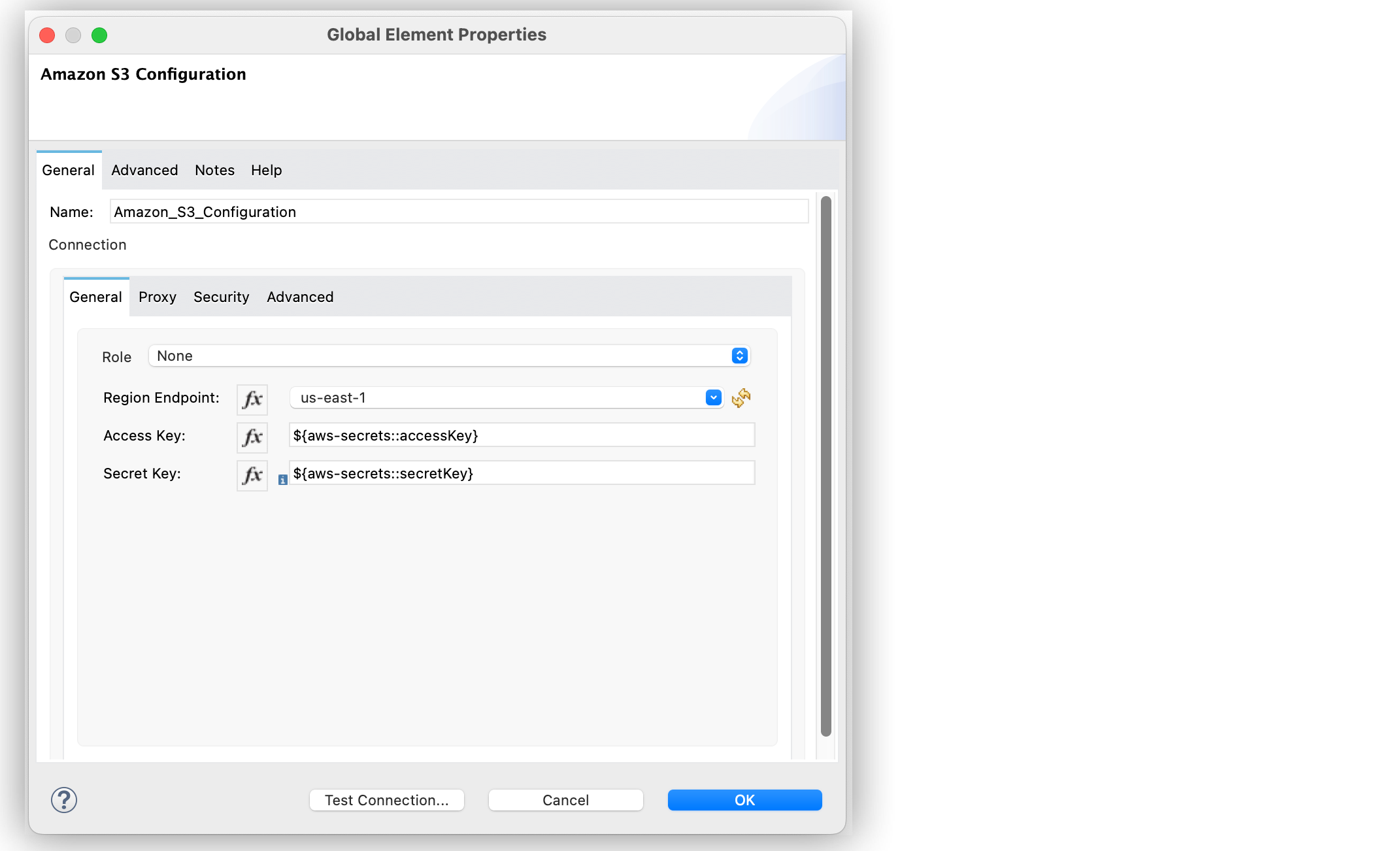 Example of Amazon Secrets Manager Properties Provider configuration for Amazon S3 Connector with a string value