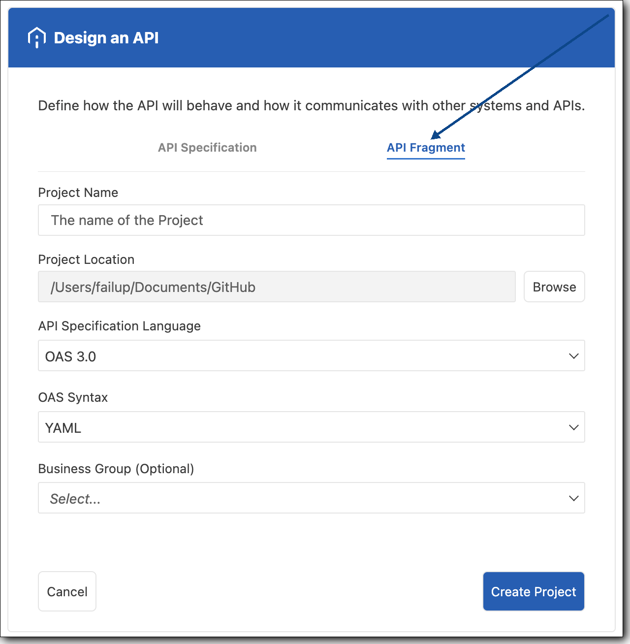 API Fragment tab on the Design an API page