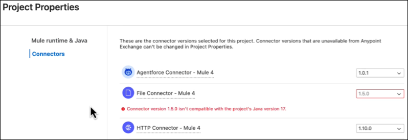 Connector versions in Project Properties tab