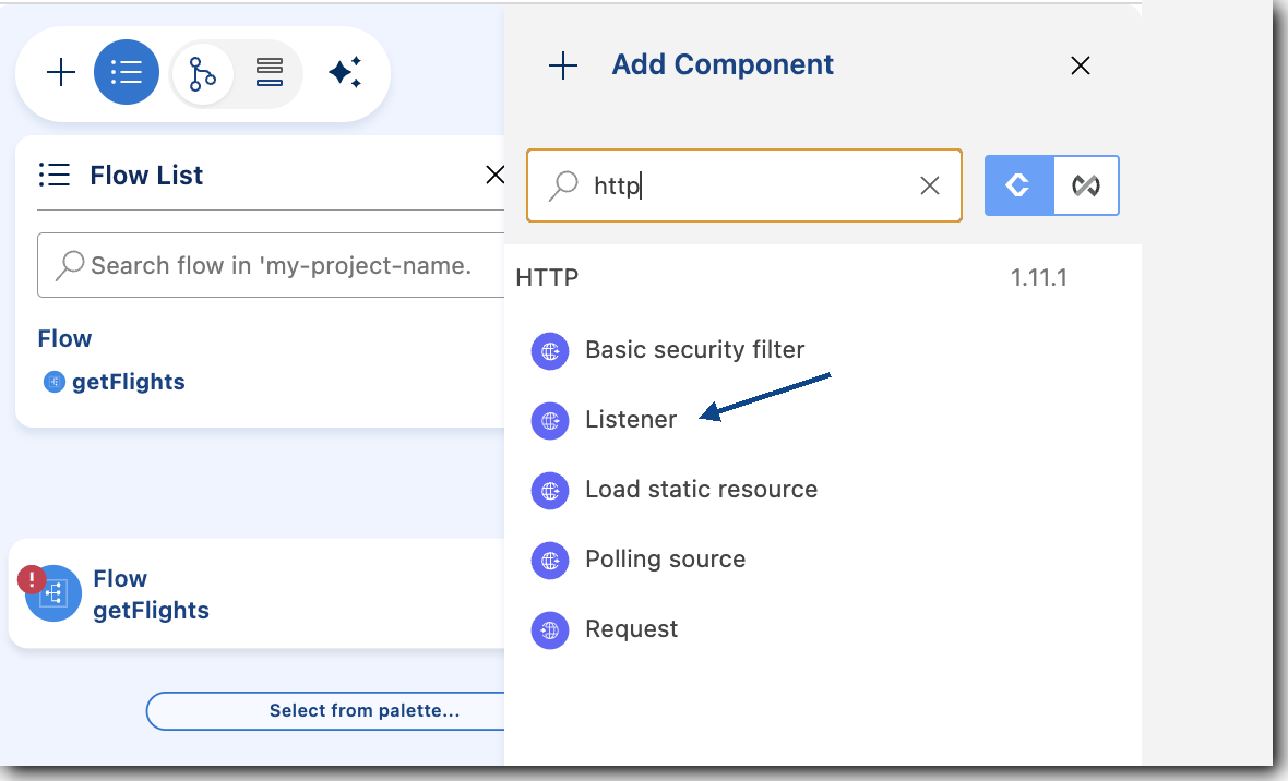 Listener component highlighted in the Add Component section