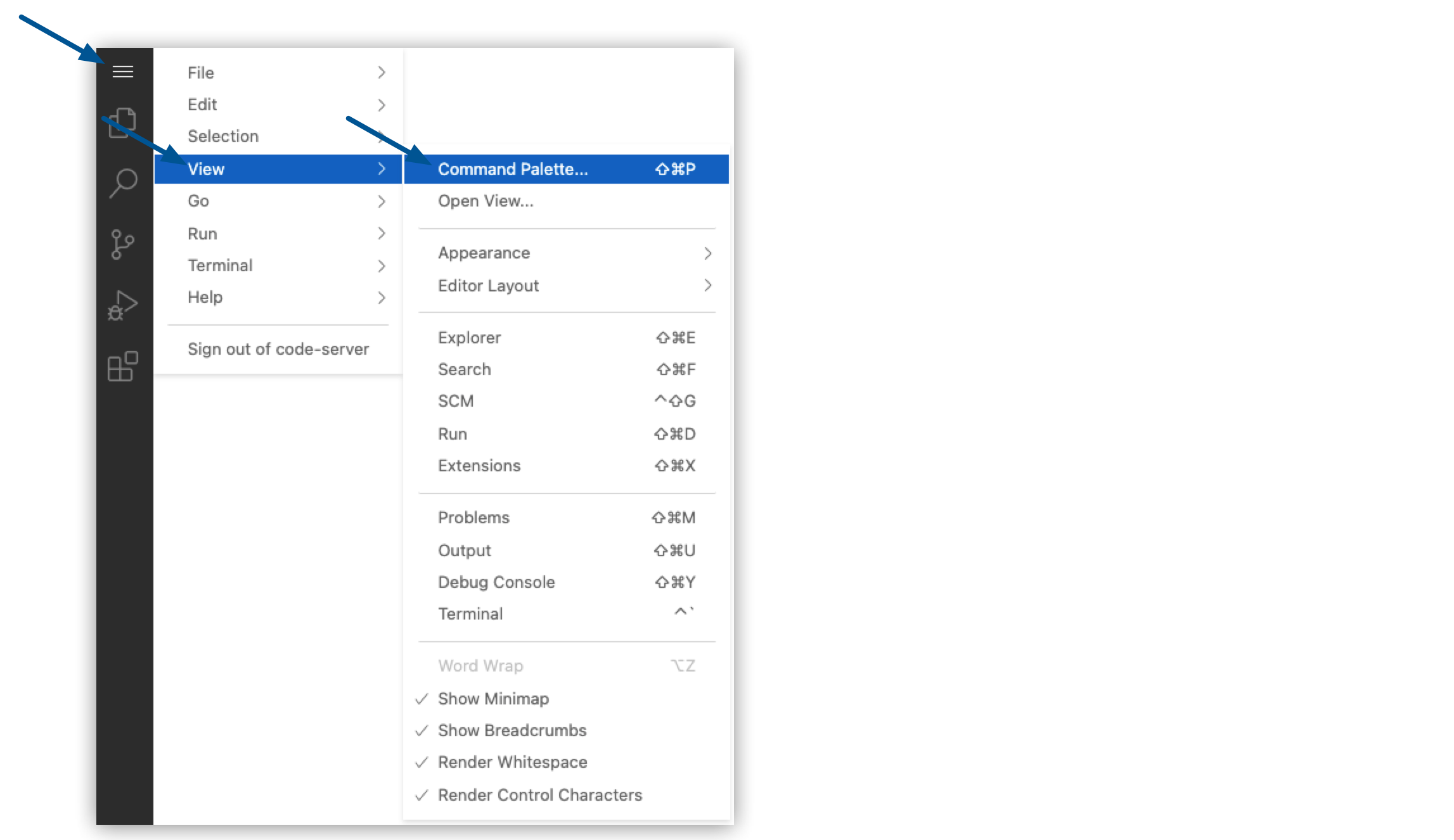 The View and Command Palette options are displayed in a list of menu choices
