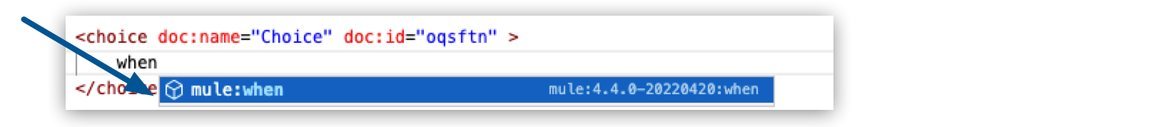 Search result for 'when', with resulting highlighted text reading 'mule:when'