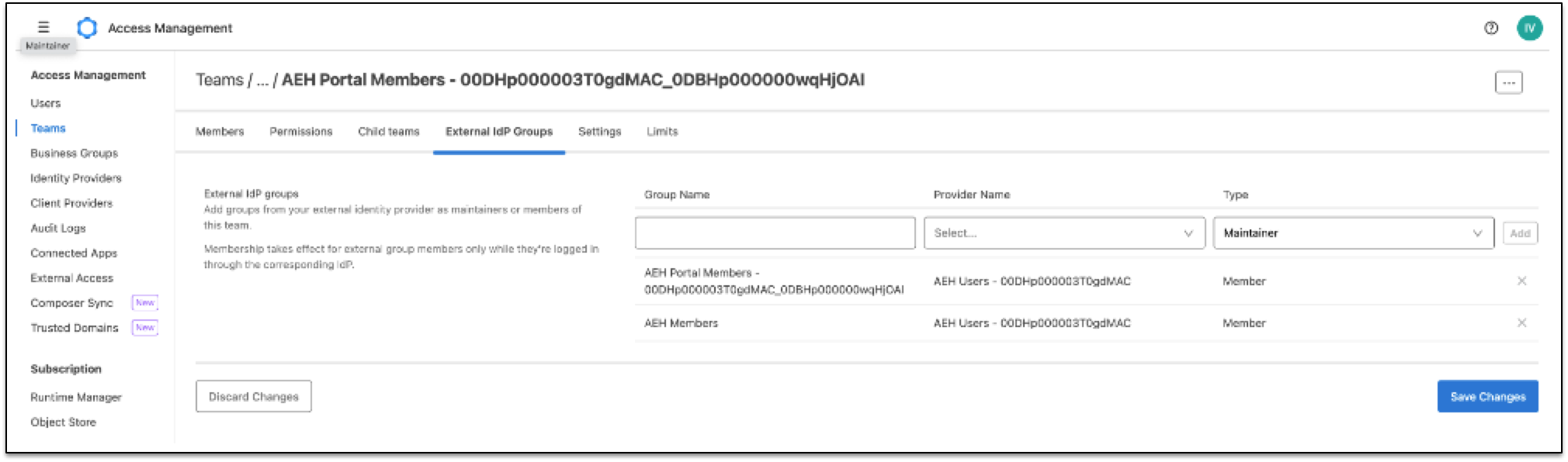 The External IdP Groups page from Access Management