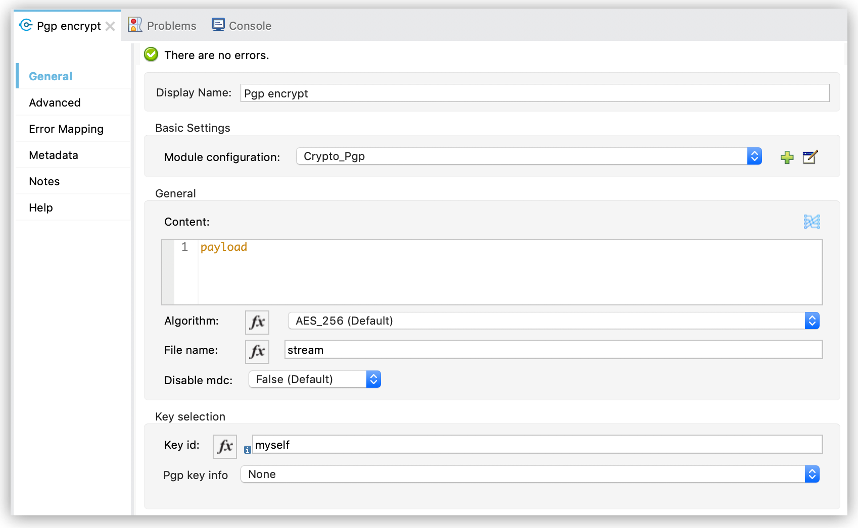 A configuration settings for PGP encrypt with algorithm and key selection