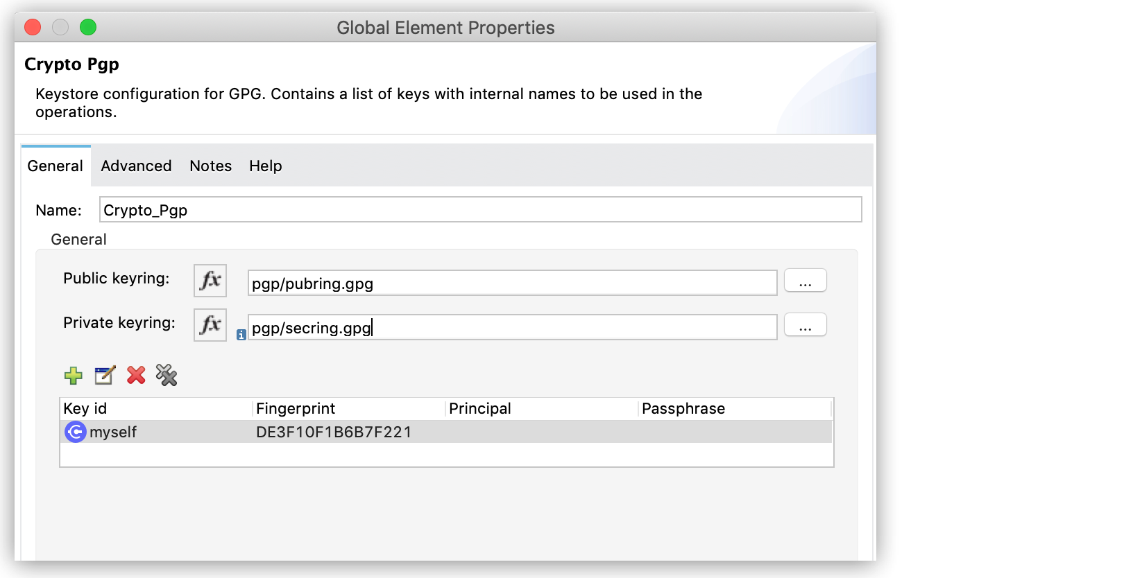 Global element properties for Crypto PGP with keyring details