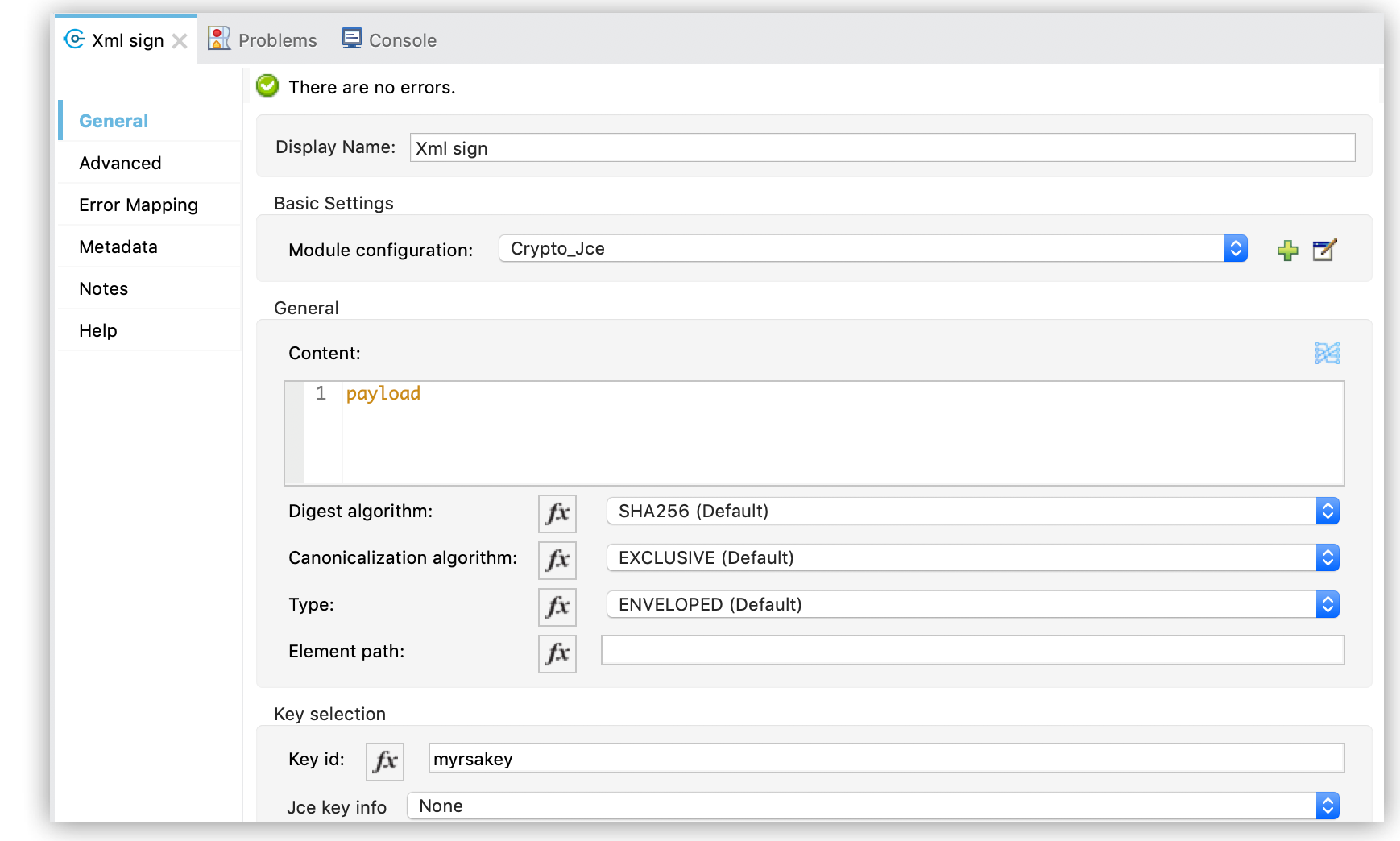 A configuration panel for XML signing