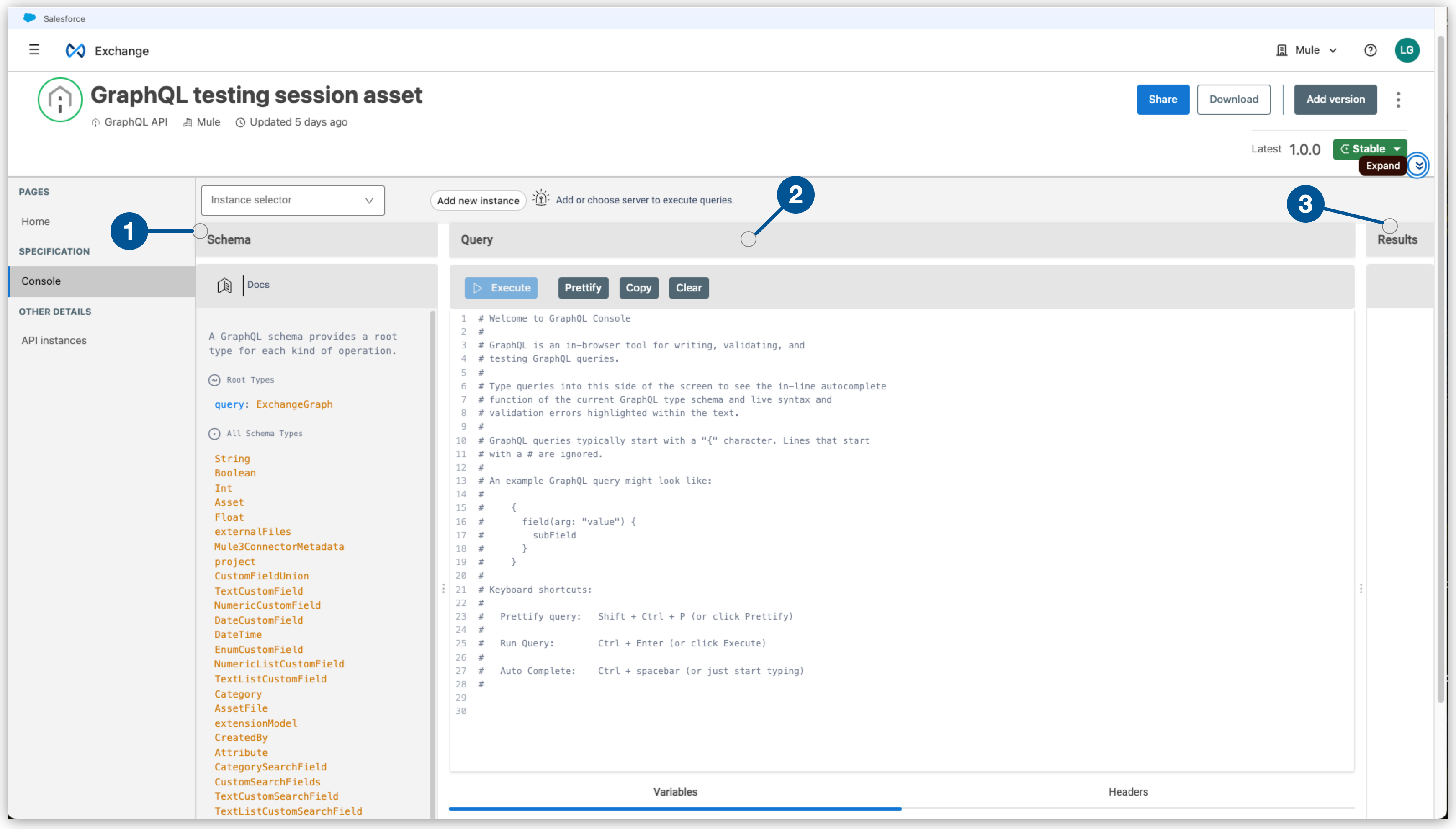 The asset details page showing the GraphQL console