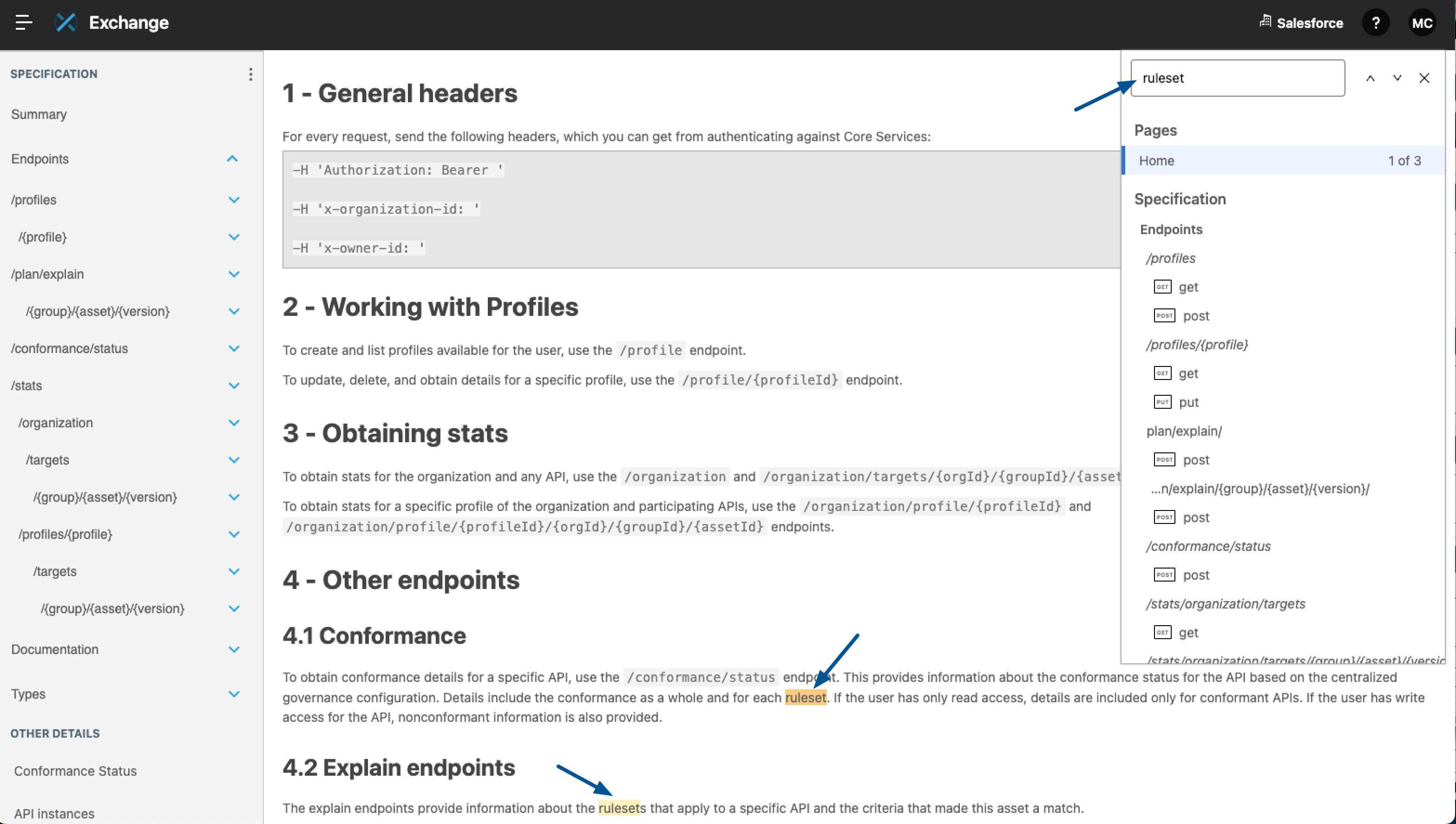 Search results for the term ruleset highlighted in the documentation