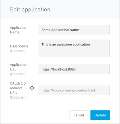 The Create new application dialog showing fields to update for an OAuth authentication