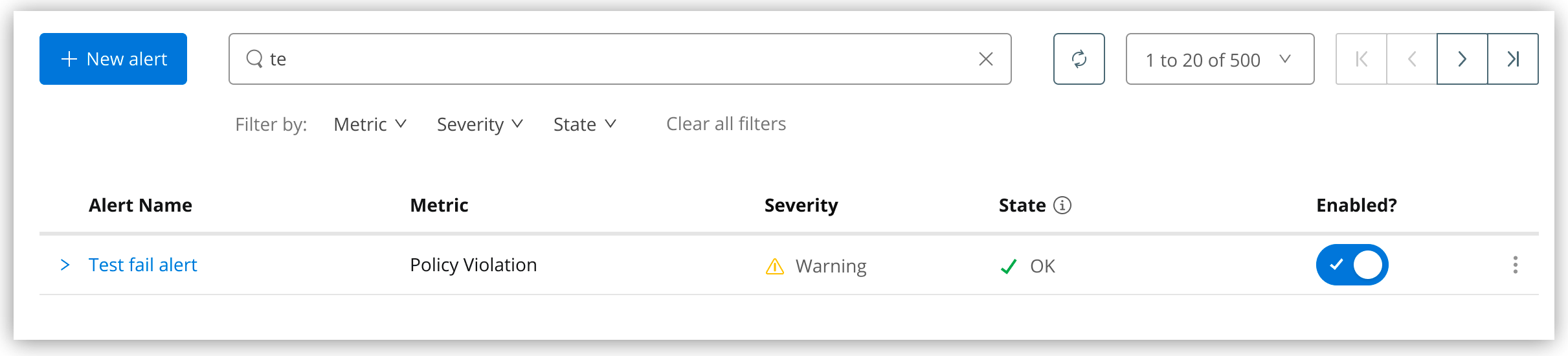 A table that shows the name of the alert, the metrics it is based on, the severity, the state, and whether the alert is enabled