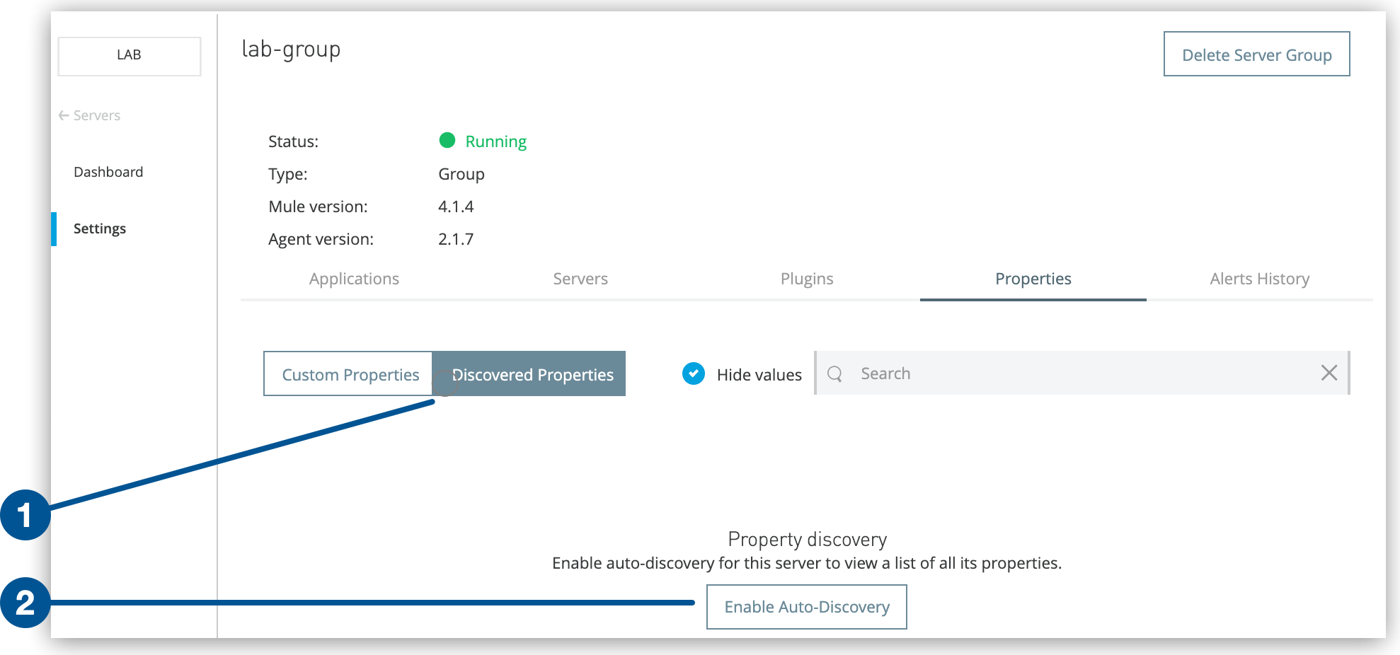 Discovered Properties and Enable Auto-Discovery buttons