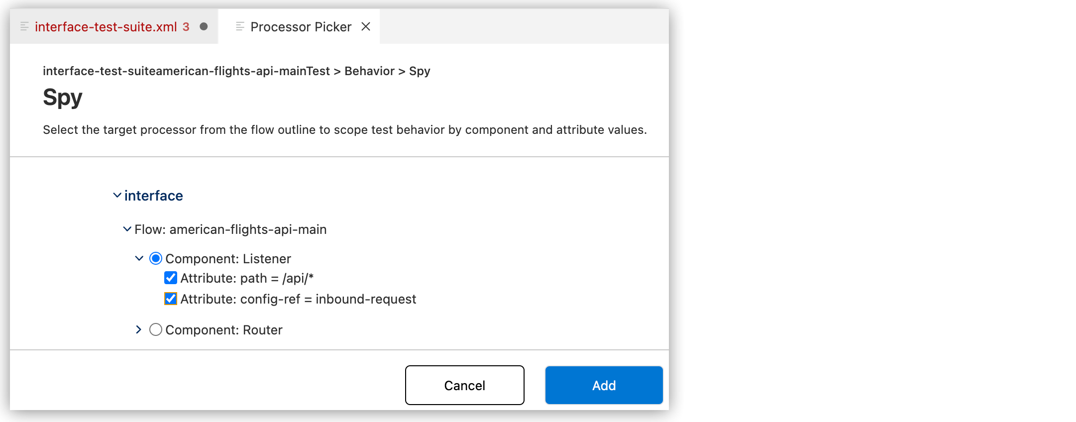 プロセッサーウィンドウで強調表示されているコンポーネントと属性
