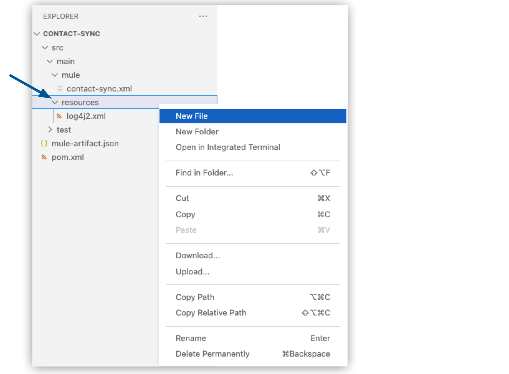 Explorer でリソースディレクトリが強調表示され、[New File (新規ファイル)] メニューオプションが選択されています