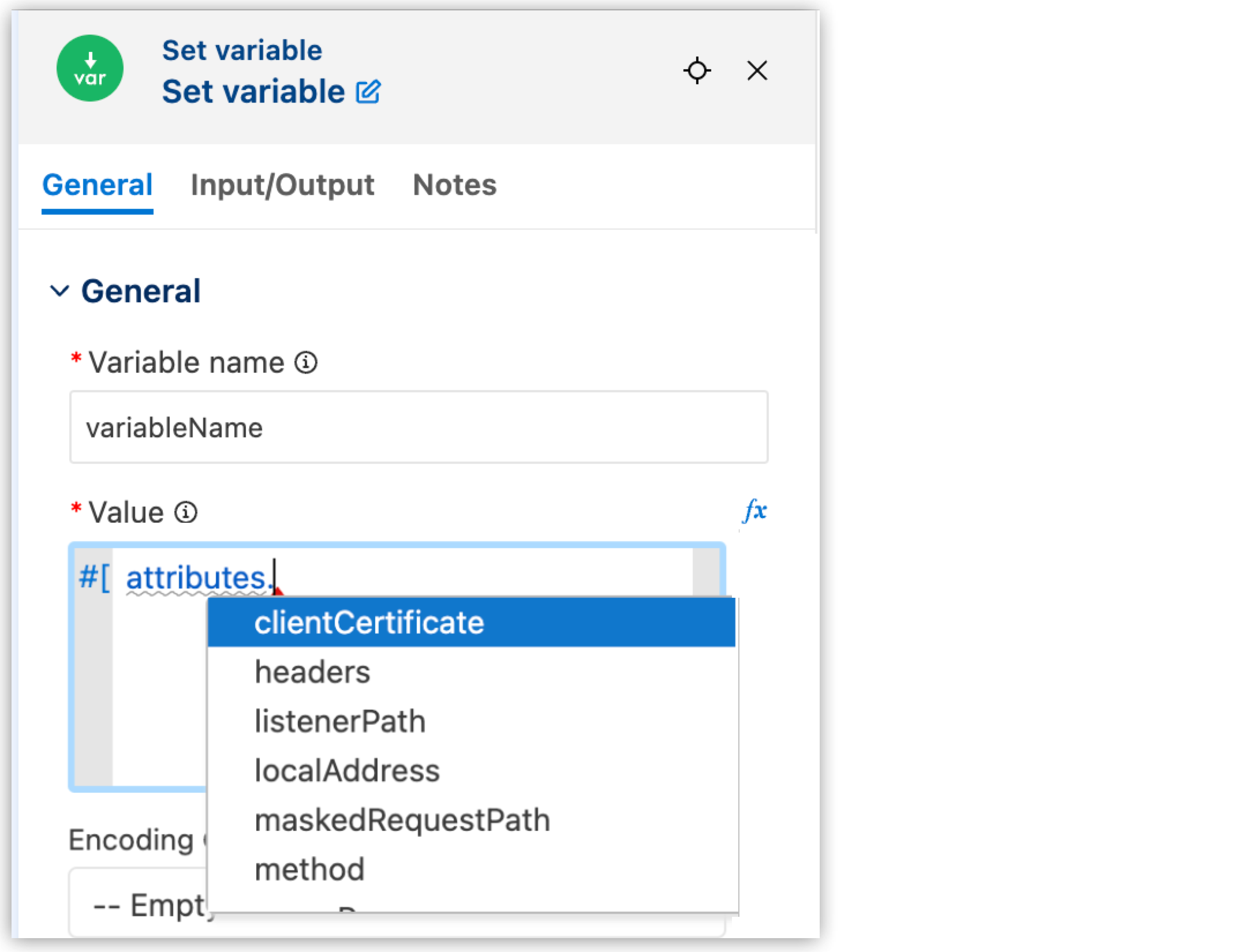 DataWeave オートコンプリートドロップダウンメニューに、abs、avg、ceil、floor などの使用可能な Core モジュール関数とその説明が表示されています