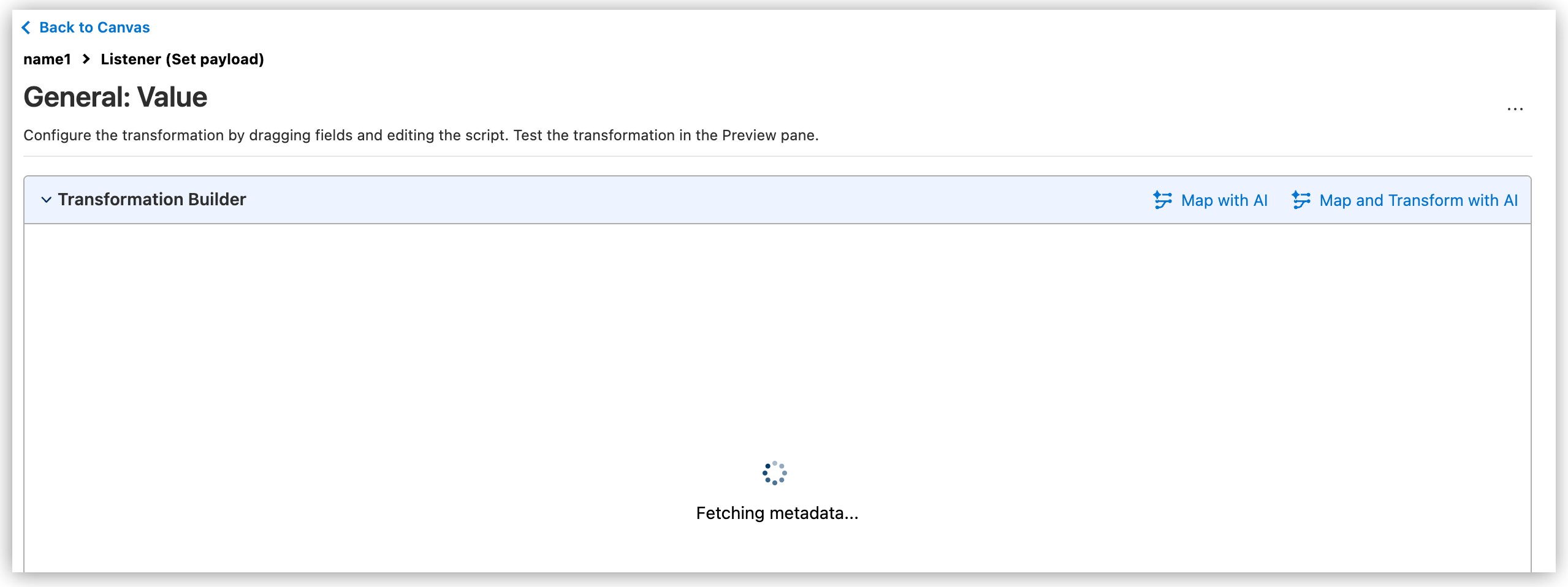 AI 支援マッピング機能の読み込みインジケーターと共に [Fetching metadata (メタデータを取得中)] 状況メッセージが表示されている変換ビルダー