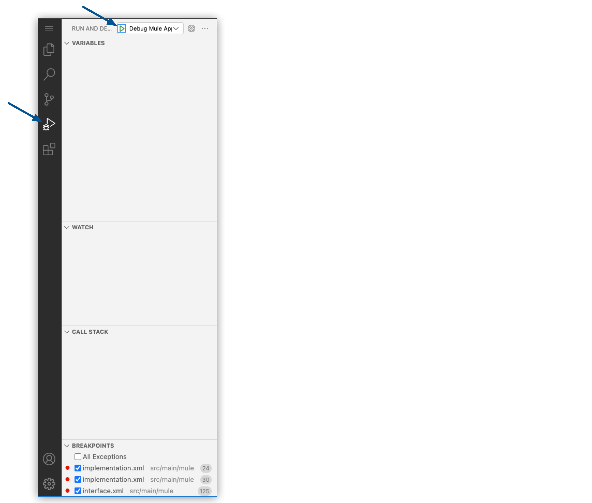 [Run and Debug (実行およびデバッグ)] と [Debug Mule Application (Mule アプリケーションをデバッグ)] アイコンが両方とも強調表示されています