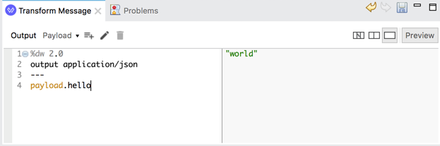 Anypoint Studio で「world」という単語を JSON 形式で出力する DataWeave スクリプト