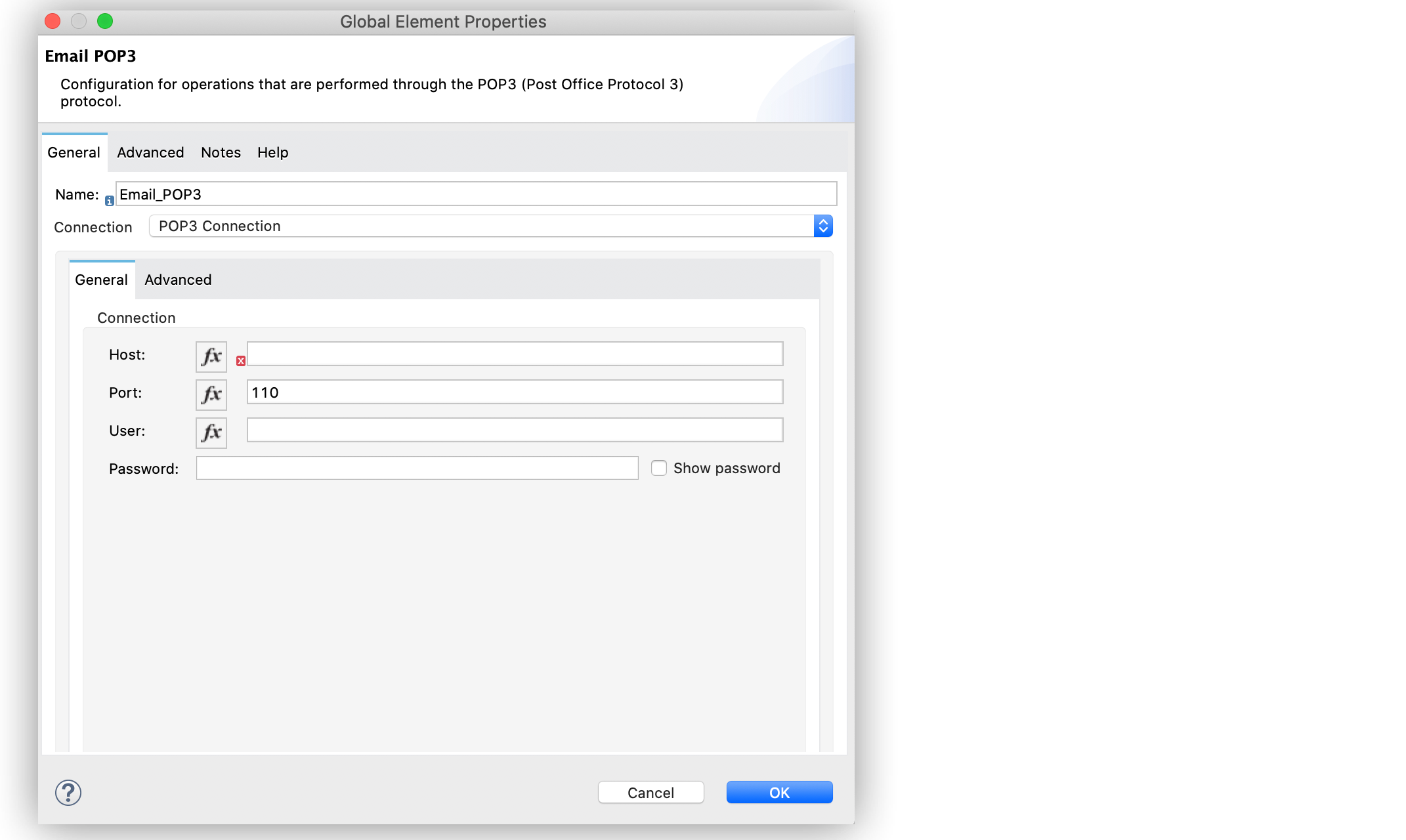 Email Connector のグローバル要素の設定