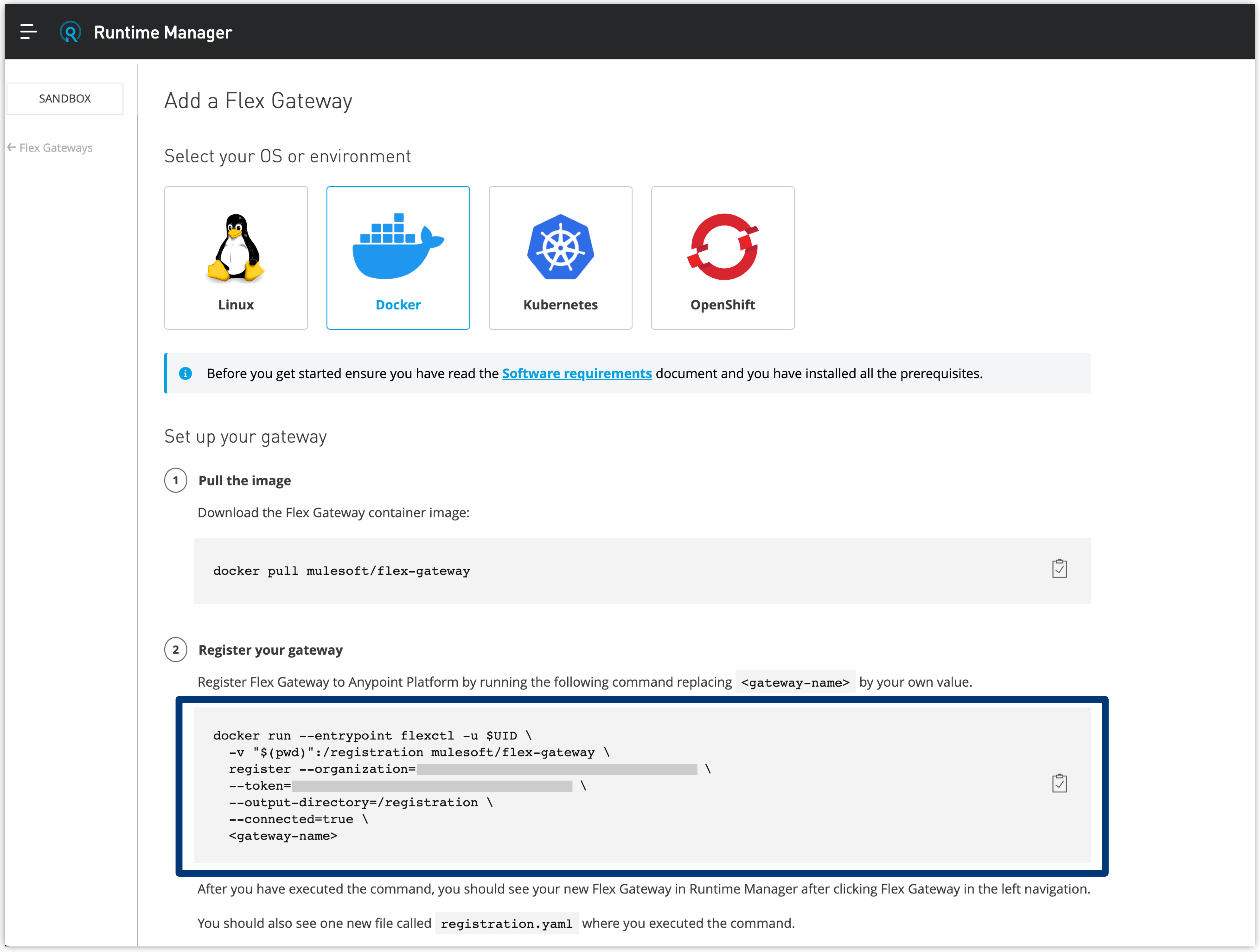 Anypoint Platform を使用して Flex Gateway を登録するコマンドが含まれるコードブロック