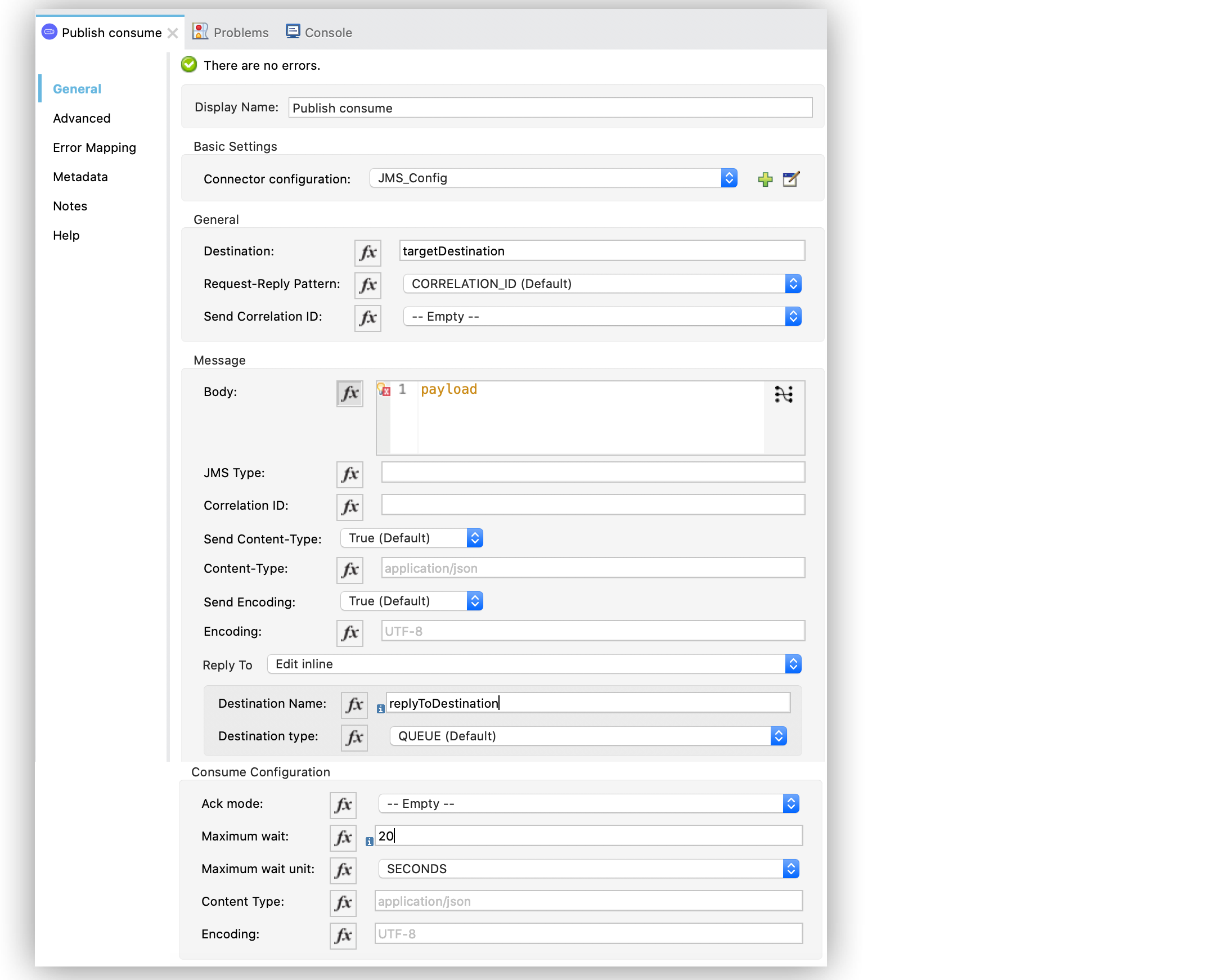「Publish consume」 設定画面で、「Reply To (応答先)」 項目をメッセージの応答先である宛先の JMSReplyTo ヘッダー情報に設定する