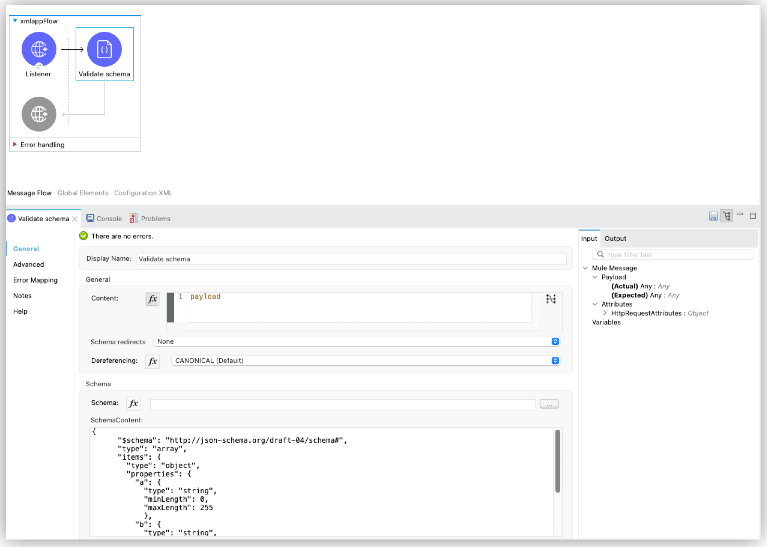 検証するスキーマコンテンツが設定された [Schema content (スキーマコンテンツ)] 項目