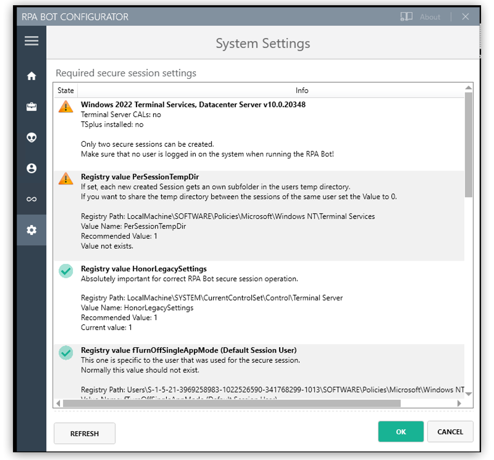 「System Settings (システム設定)」 設定パネルが表示されている RPA Bot コンフィグレーターアプリケーション