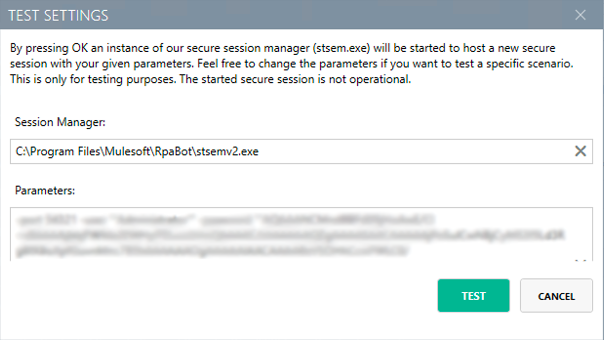 「Test Settings (設定をテスト)」 ウィンドウ表示されている RPA Bot コンフィグレーターアプリケーション