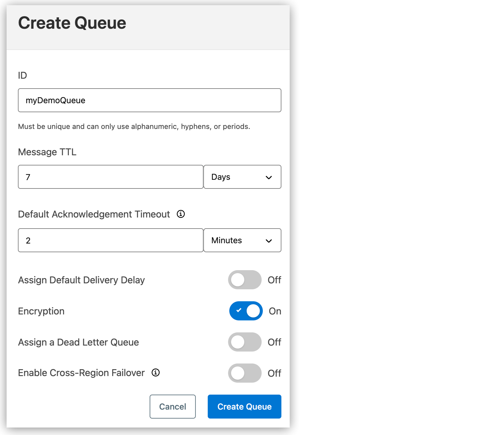 Create Queue dialog showing the default queue settings