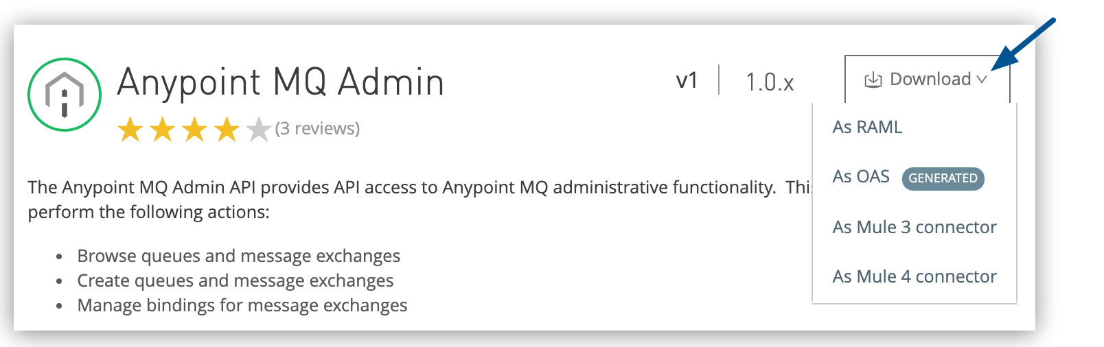 Download option for Anypoint MQ Admin API in Exchange