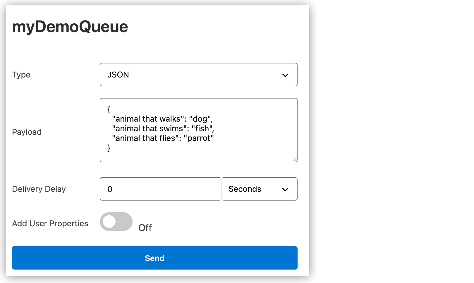 Message Sender page showing a payload in JSON format