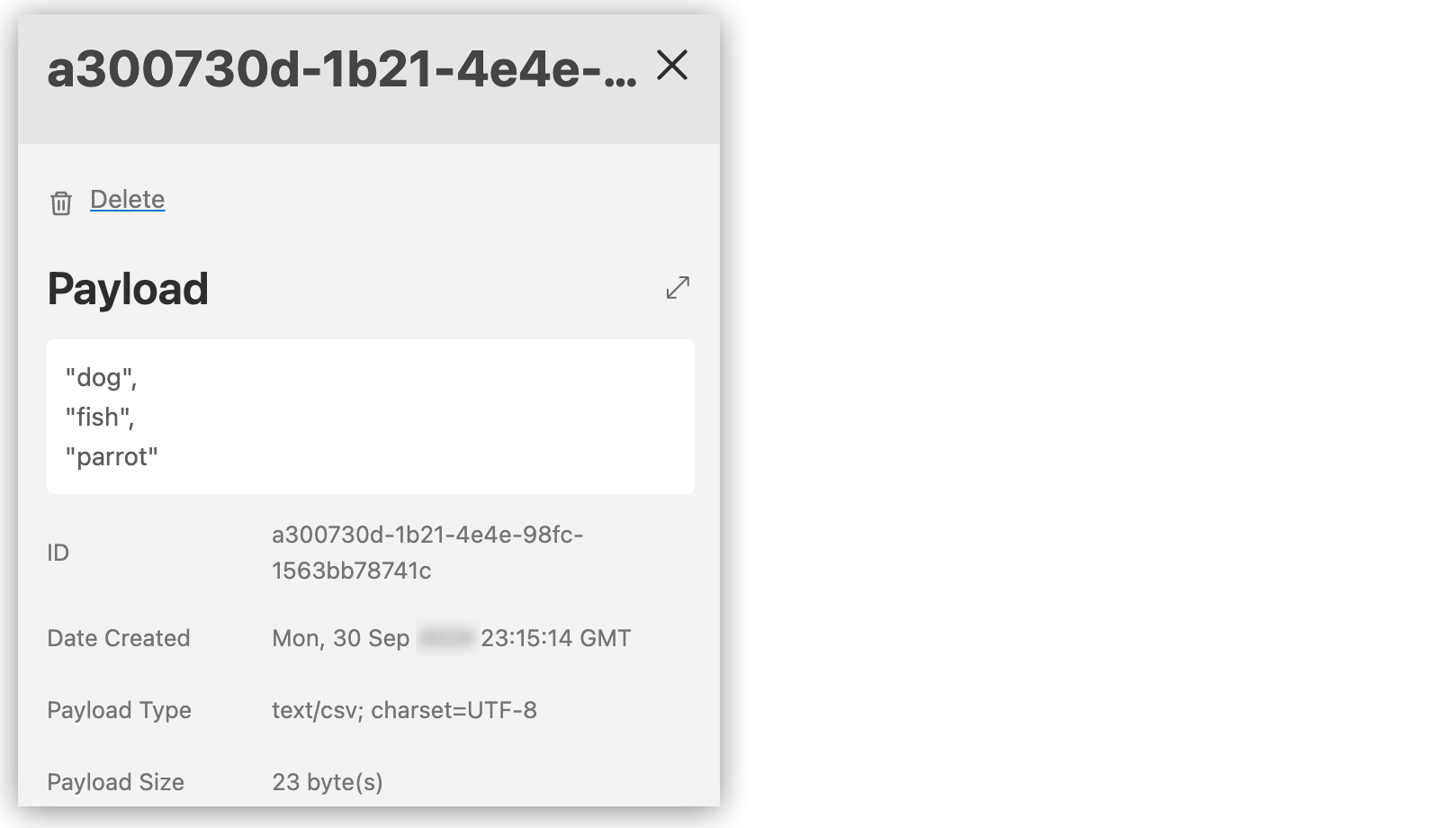 Details pane showing the CSV message payload, Full Screen icon, and Close icon