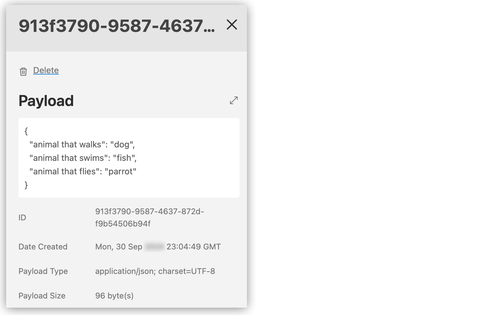 Details pane showing the JSON payload, Full Screen icon, and close details pane icon