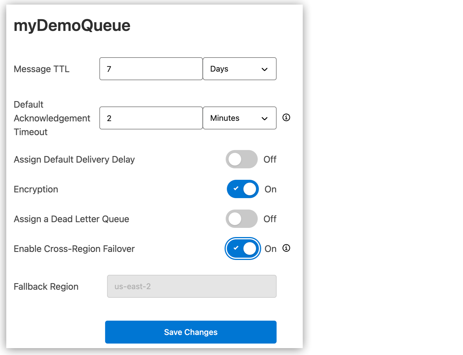 Queue Settings page showing the failover option selected