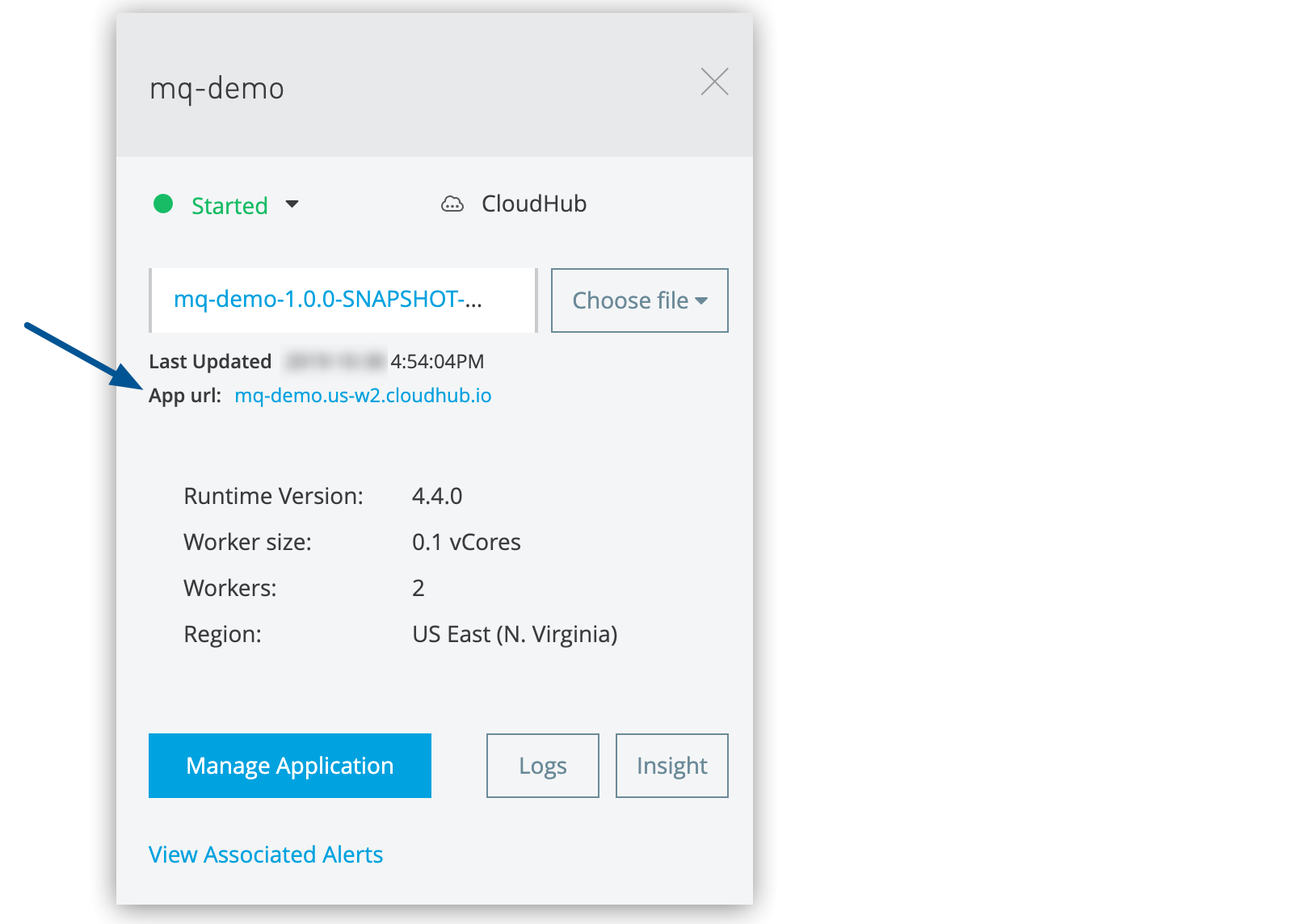 Runtime Manager application details pane showing the App url value