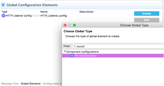 A form for configuring global elements, with API Autodiscovery selected in a dropdown labeled Component configurations