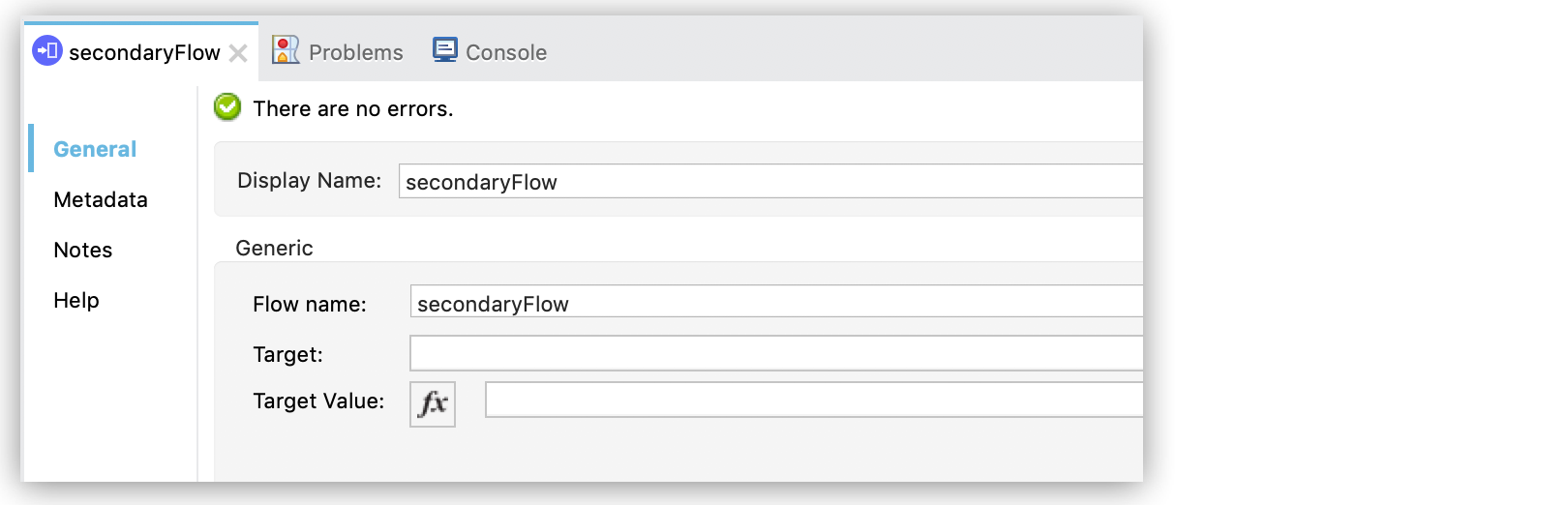 A configuration panel for a secondary flow showing settings for flow name and target
