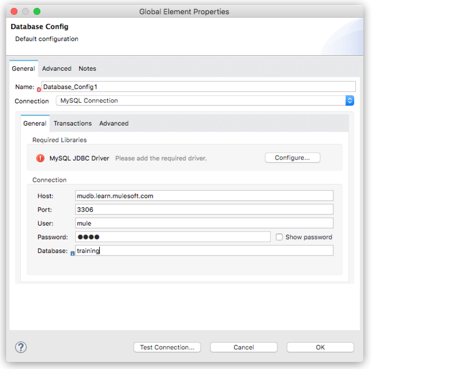 A database configuration panel for MySQL connection with fields for host, port, user, and database