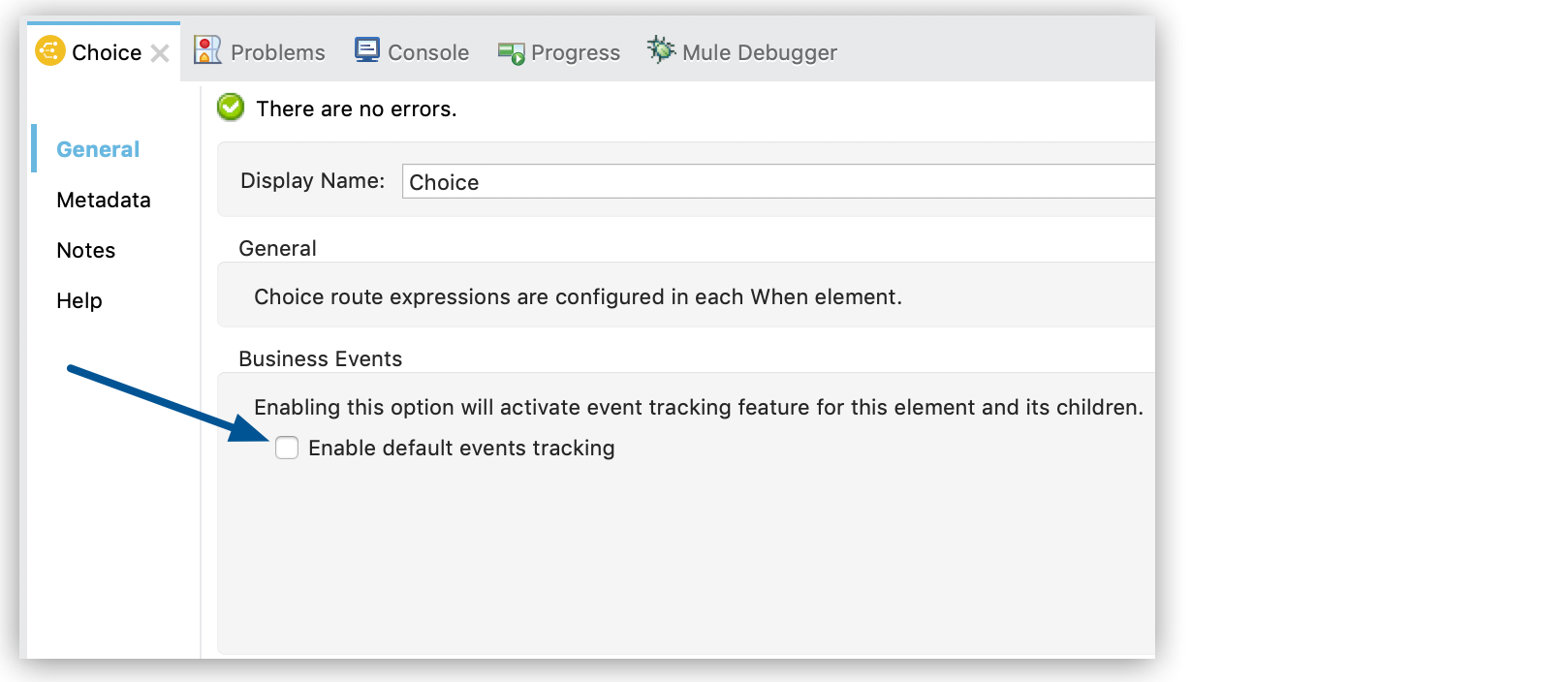 A business event tracking within a choice component