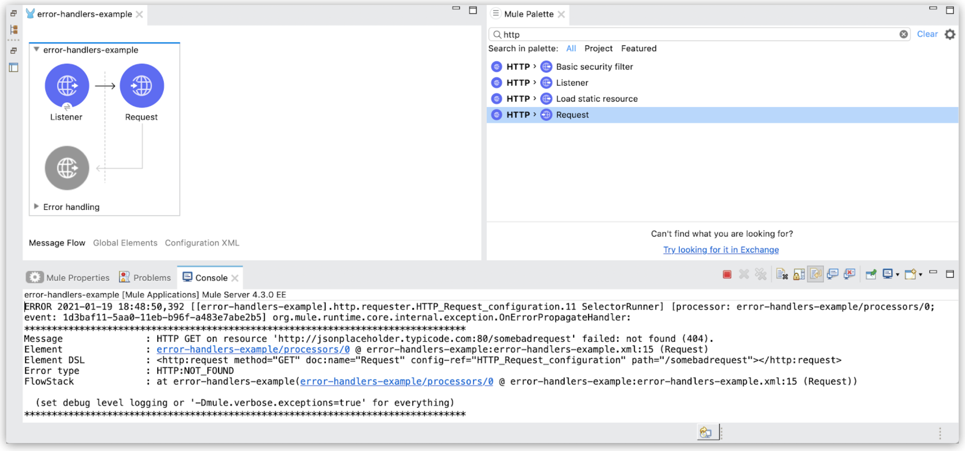 An error message display from an HTTP request failure in a Mule application