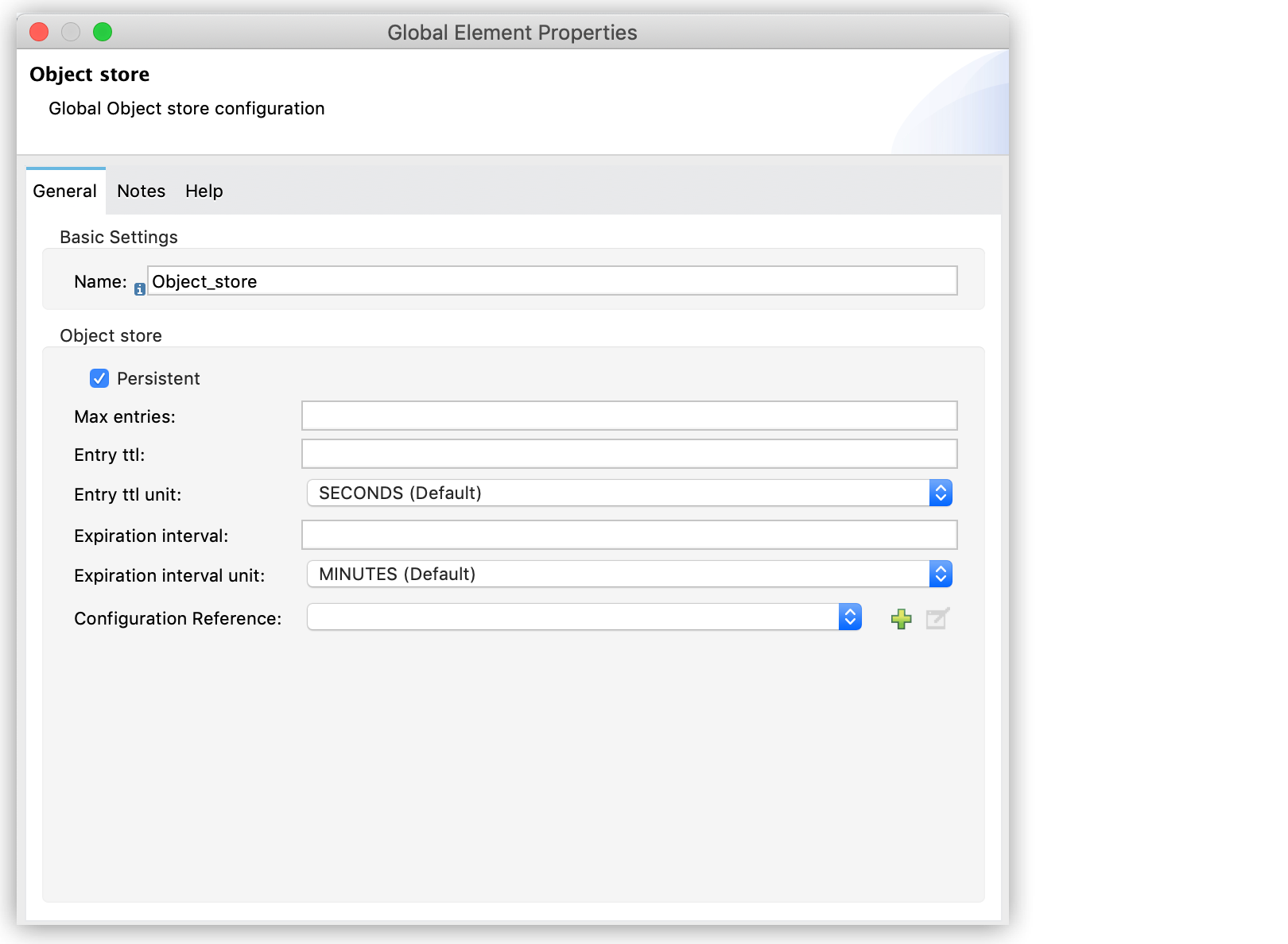 A properties panel for configuring a global object store in Mule