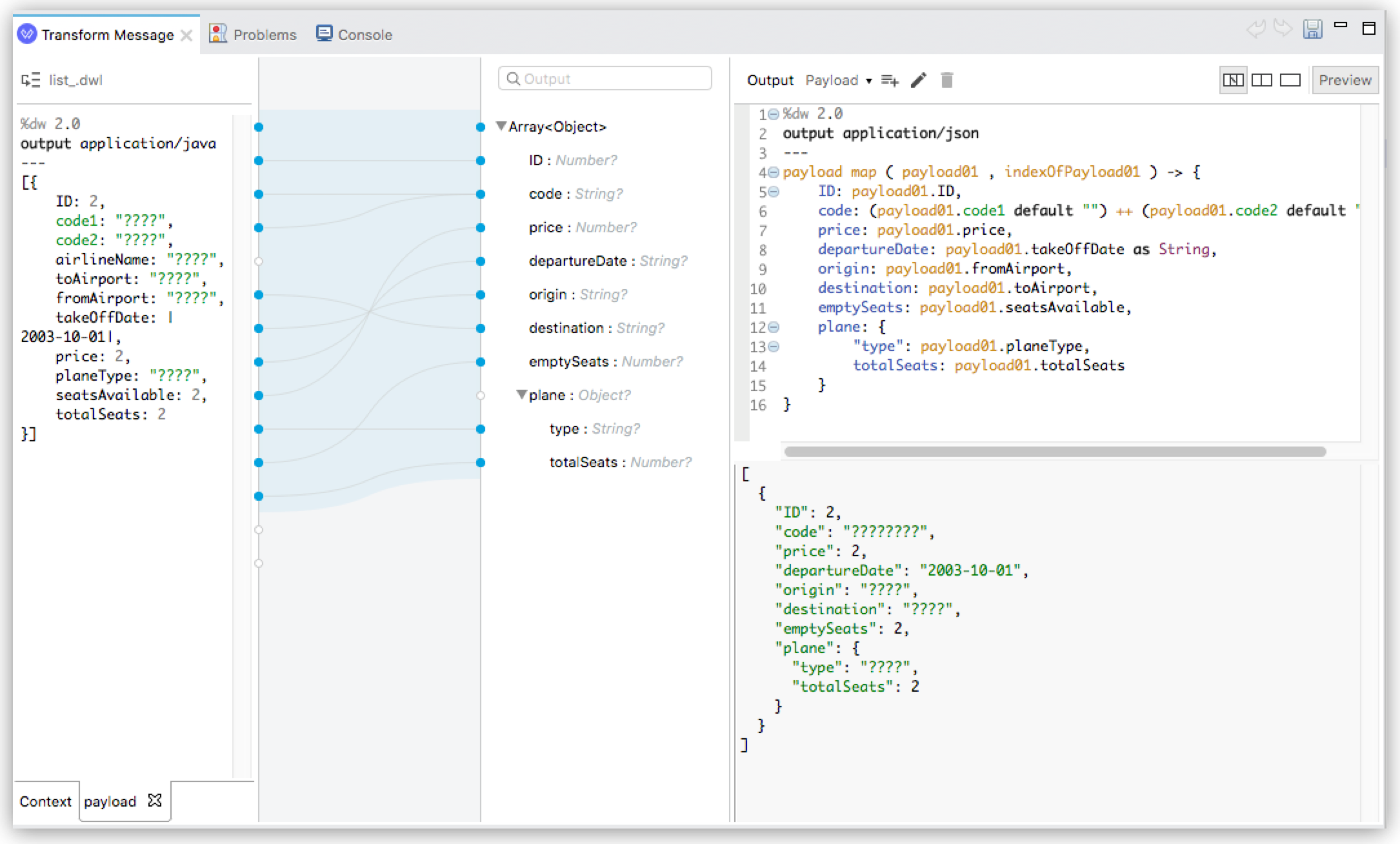 A DataWeave script showing mappings for fields including ID and code