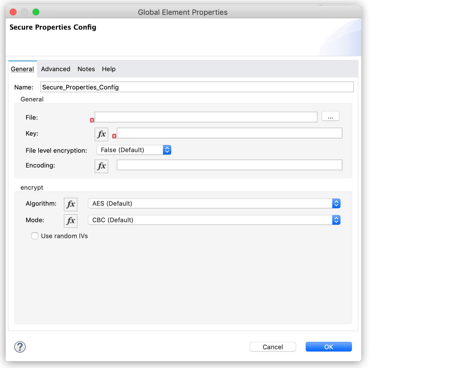 Configuration panel for secure properties