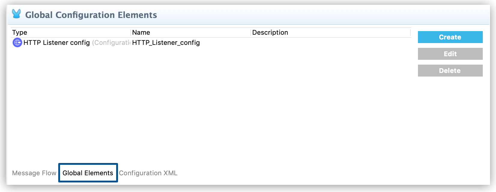 A menu for creating and managing global configuration elements in Mule