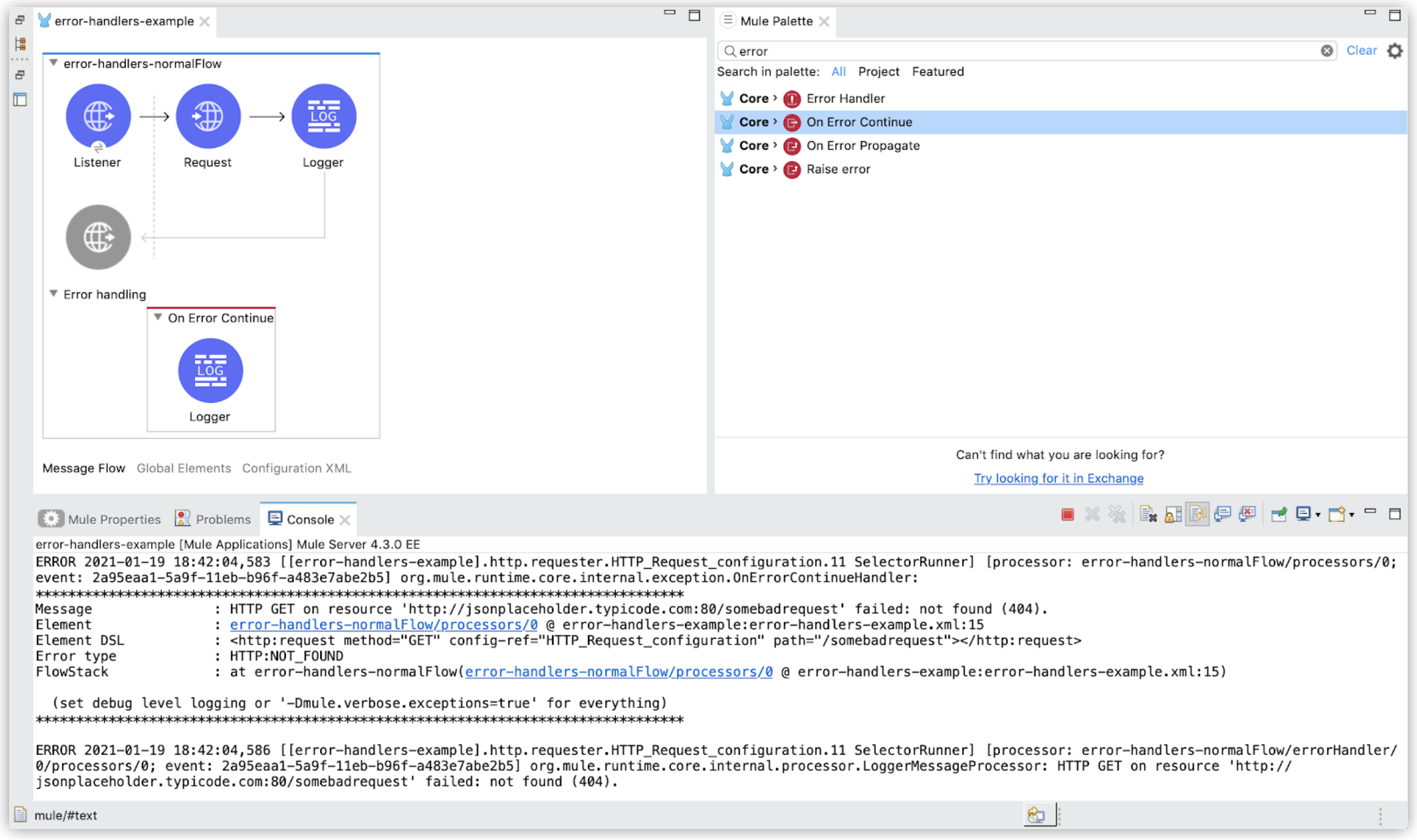 A flow showing error handling configurations with components like Listener, Request, and Logger
