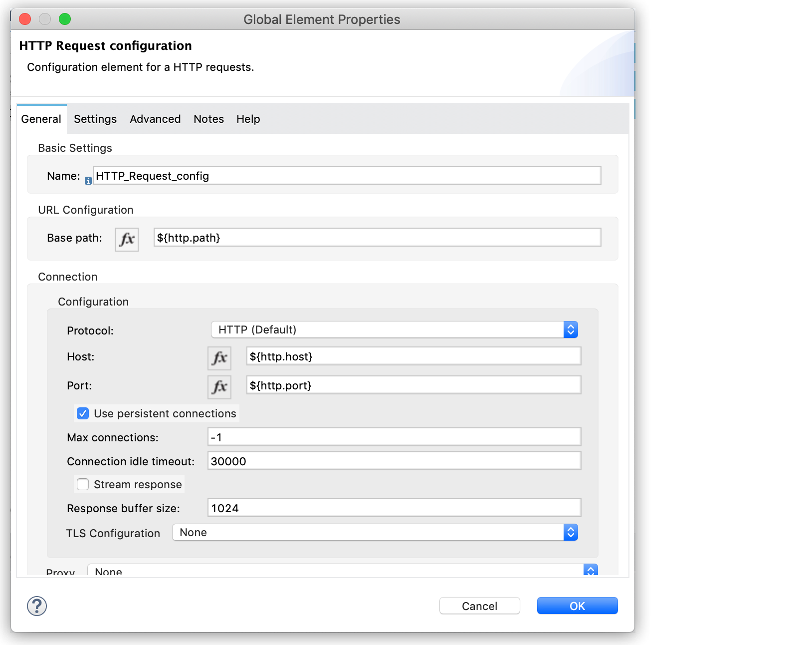 HTTP Request configuration settings showing fields for URL, host, port, and connection settings