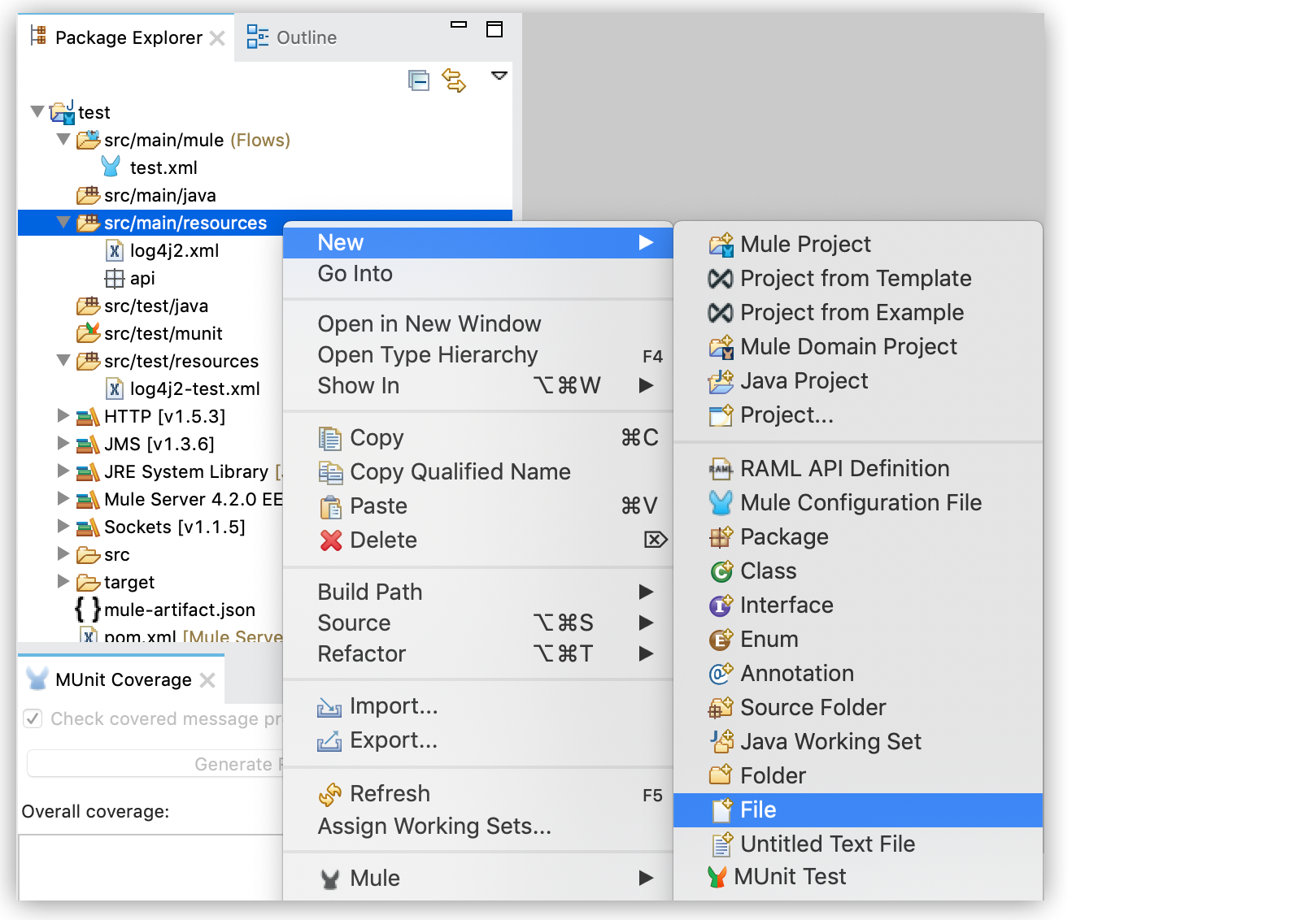 A Mule project structure with various source and test directories
