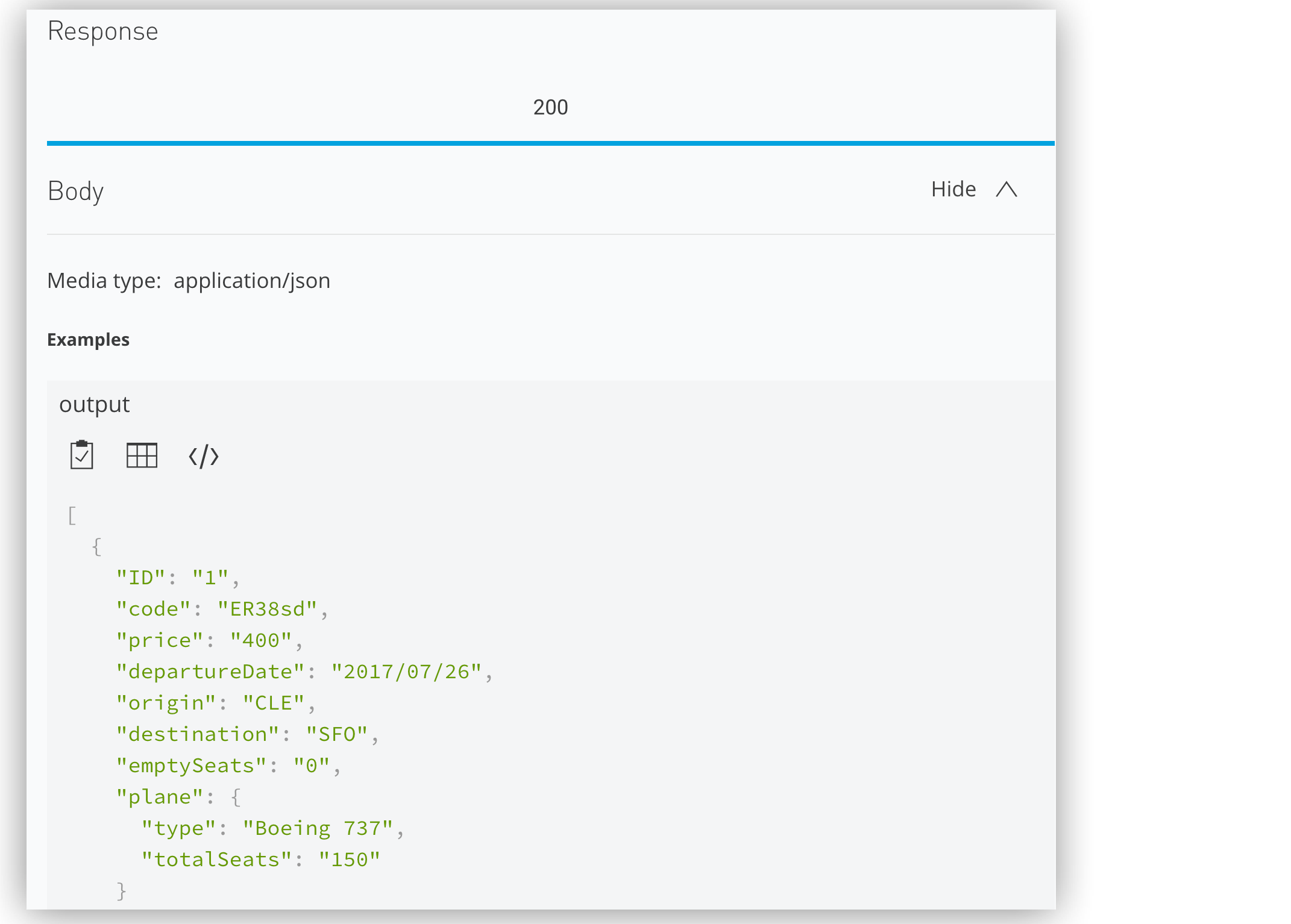 A JSON response example in a test environment showing data