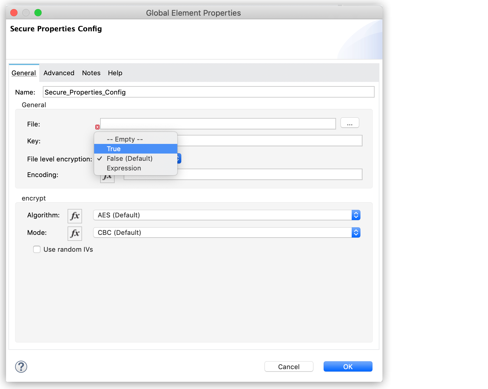 Secure properties configuration with AES encryption and CBC mode settings