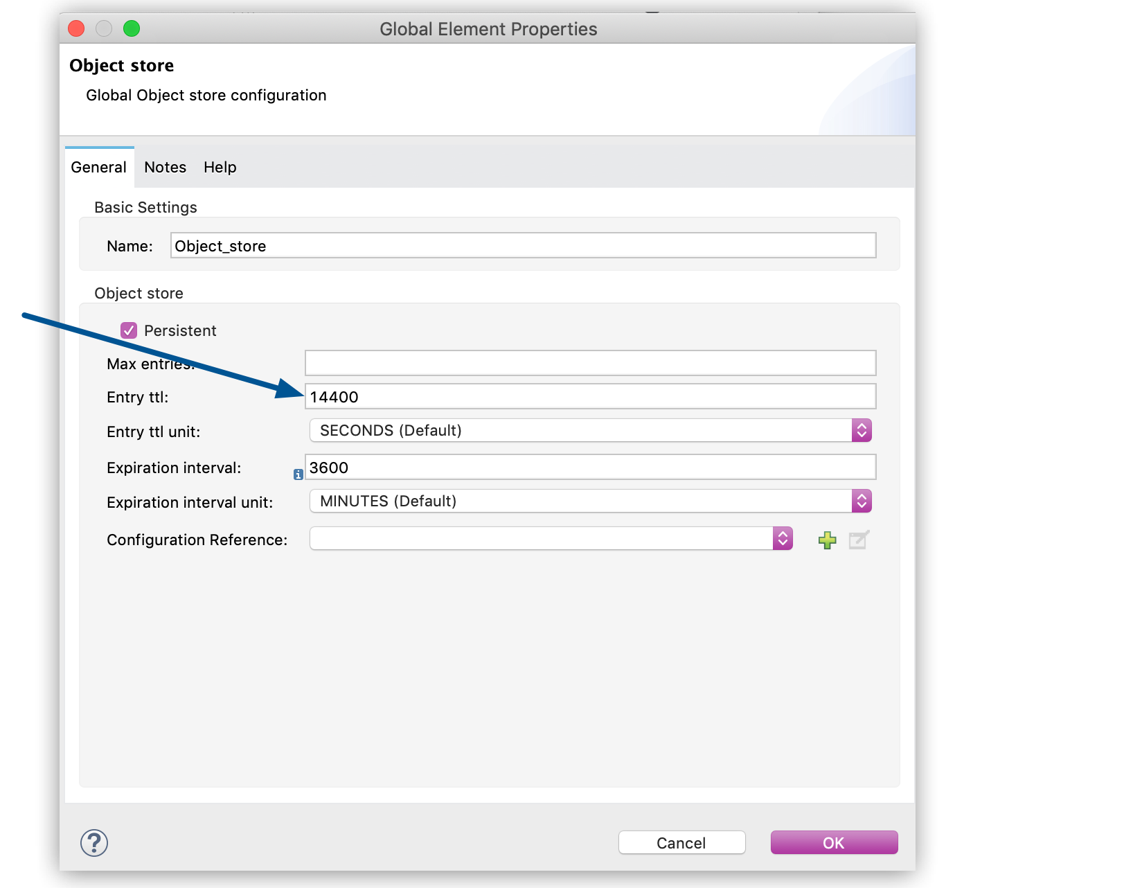 Global Object Store Configuration window showing the Entry ttl field